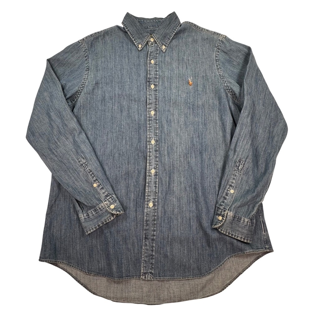 Ralph Lauren Mens XL Blue Denim Button Down Shirt Long Sleeve Pony Logo 0617